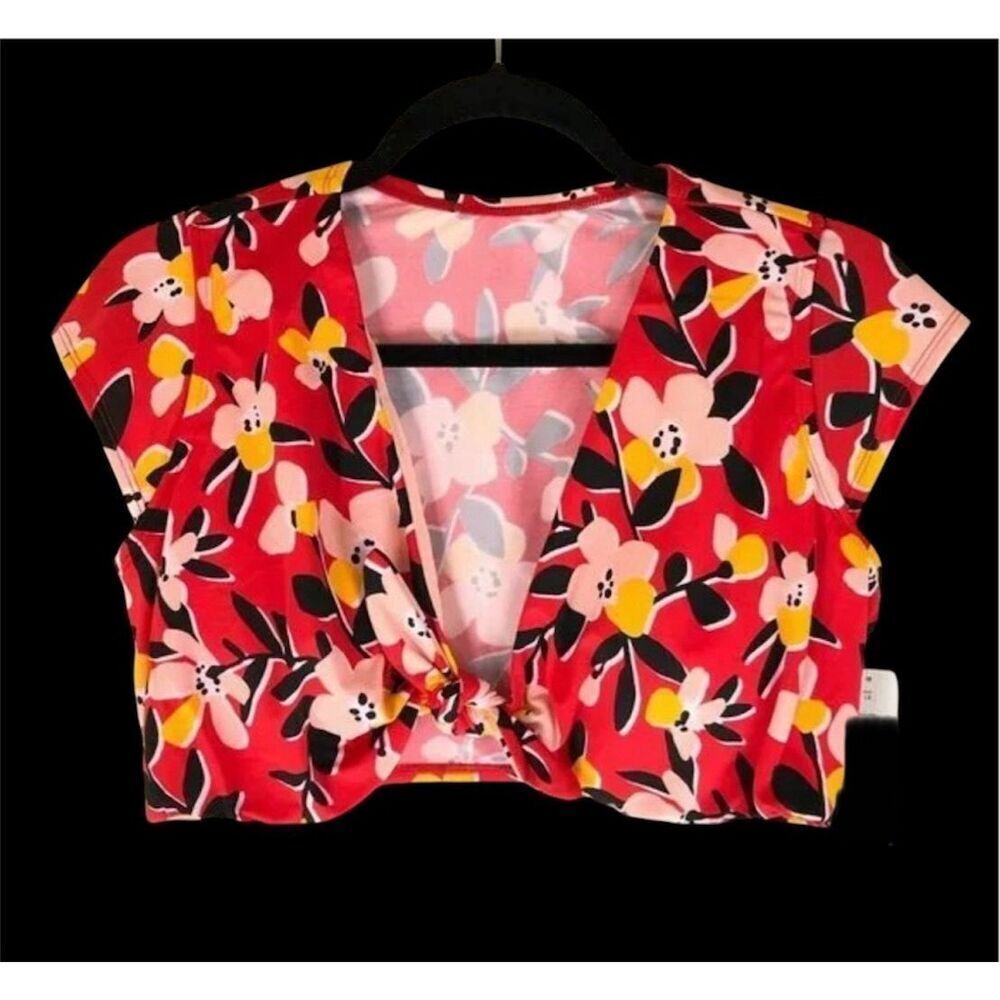 Beach Betty red floral tie front cap sleeve bikini top M